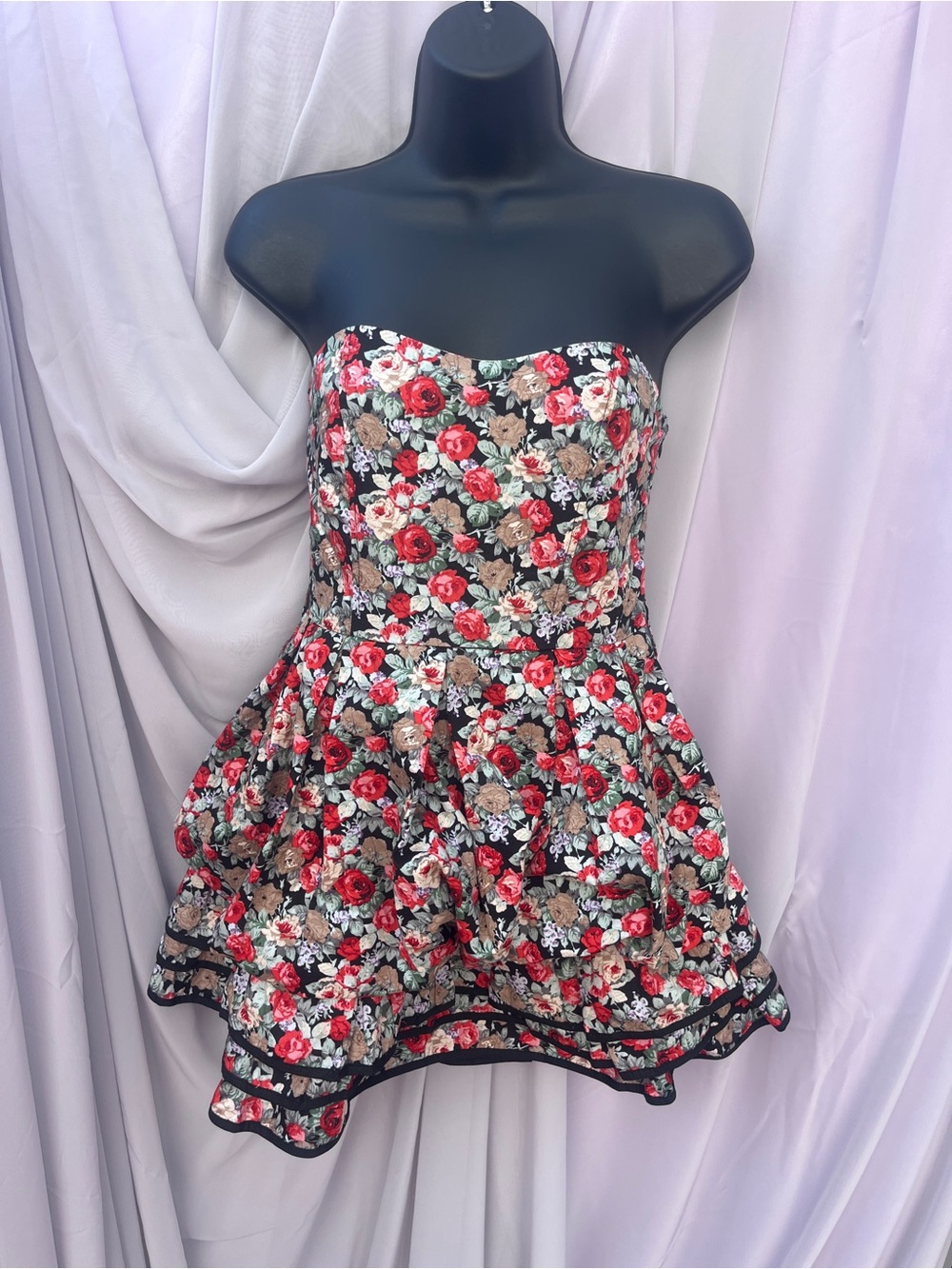 Toska Strapless Floral Skater Dress in Black, Red, Cream, Green